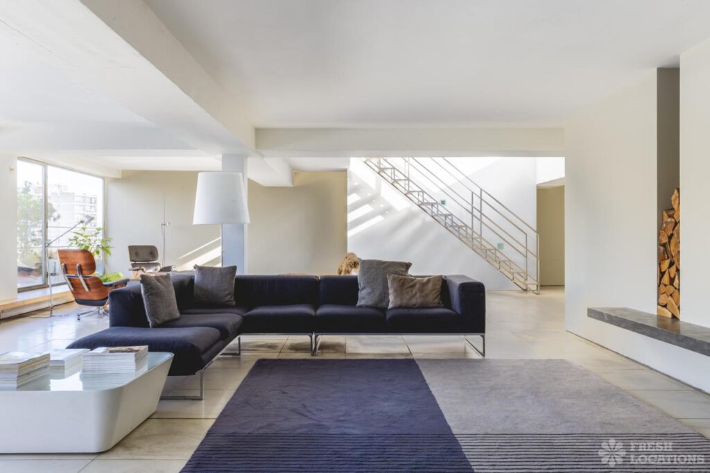 Modern open-plan home interior viewed during a location recce for a film or photo shoot